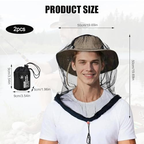 Mosquito Net Head Cover for Outdoor Use, Extra Large & Long Fine Mesh Head Midge Net, Lightweight Bug Protection for Camping, Hiking, Fishing, Gardening & Travel, Fits All Hats for Men & Women — view 2