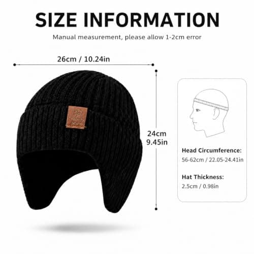 Beanie Hat Men with Ear Covering, Winter Hats for Men, Wooly Style Cap, Thermal Hat Mens Fleece Lined, Warm Ribbed Knit Headwear for Outdoor Travel & Daily Wear Black — view 2