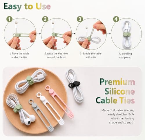 Silicone Cable Organiser Straps, Reusable Elastic Cable Ties for USB Cables, Phone Chargers, Earphones & Wires, Multi-Colour Cord Management Wraps for Home Office Travel (6 PCS) — view 5