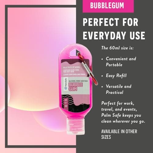 Palm Safe Bubble Gum 60ml Anti Bacterial Premium Hand Sanitiser Travel Size Refillable Clip Bottle Quick Drying Non Sticky Extra Moisturising Kills 99.9% of Viruses and Bacteria — view 4