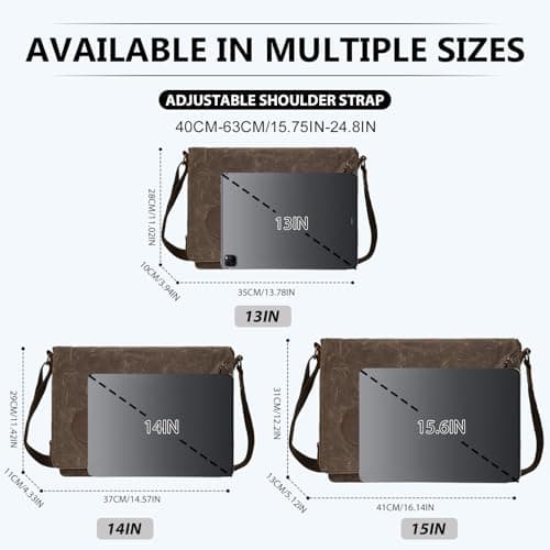 Eshow 14 Inch Messenger Bags for Men Women, Water-Resistant Canvas Shoulder Bag with Multi Pockets, Reliable Commuter Laptop Briefcase for Daily Travel, Brown — view 3