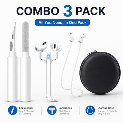 AirPods Accessories Kit 3-in-1 Bundle – Earbud Cleaning Pen, Magnetic Anti-Lost Silicone Strap & Hard Travel Carrying Case for Apple AirPods, Earbuds, Bluetooth Headphones & Wireless Earphones — view 2