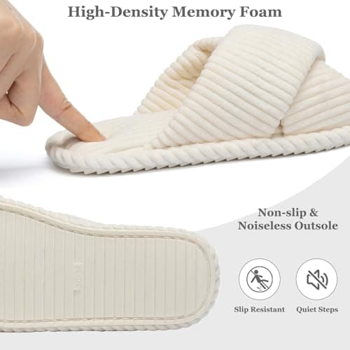 GOEWY Slippers for Women Memory Foam House Bedroom Corduroy Crossbands Open Toe Slides Sandals Shoes Comfy Trendy Gift for womens Anti-Skid sole, Beige, 5/6 UK — view 4