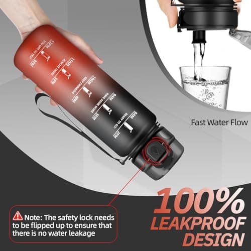 Grsta 1 Litre Sports Water Bottle with Filter, Leak-Proof, Motivational, Black-Red — view 2