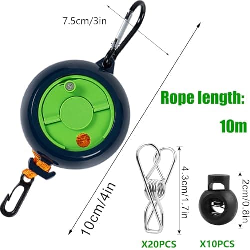 ZONSUSE Portable Travel Clothesline,Adjustable Camping Clothesline,10m Anti-Tangle Retractable Clothes Line,with 10 Fixed Buckles and 20 Clothespins, for Indoor Outdoor Balcony Garden Hotel (Green-B) — view 4