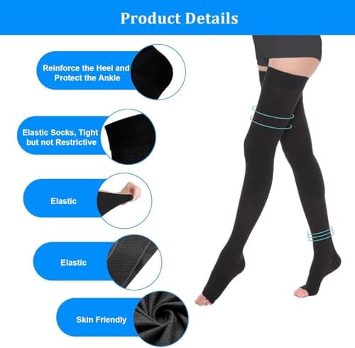 AOGOE Medical Open Toe Thigh High Compression Socks for Women & Men, 23-32 mmHg Open Toe Support Stockings with Anti-Slip Silicone Band, Graduated Compression Socks for Varicose Veins, Edema, Flight — view 4