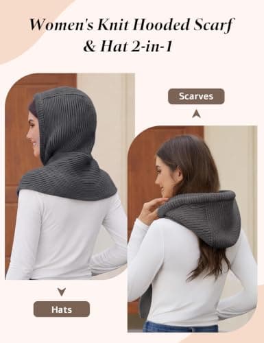 Vijamiy Knitted Hooded Scarf for Women 2-in-1 with Elastic Fit, Dark Grey — view 2
