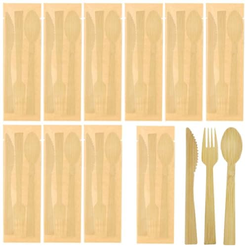 10Pack Luxury Individually Wrapped Disposable Cutlery Set; Biodegradable Knife Fork Spoon Sets Packets; Eco-Friendly Wooden Guest Disposable Utensils for Party, Camping, Traveling, Family Dinners