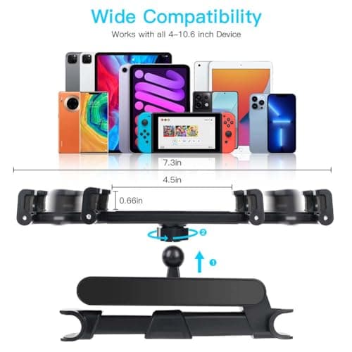 URAQT Car Headrest Tablet Mount,Car Back Seat iPad Holder with Foldable Extension Arm,360° Rotating Car Tablet Holder for Kids for iPad Pro, Air, Mini, Samsung Tab, Mobile Phone, 4.7-11 Inch Devices — view 2