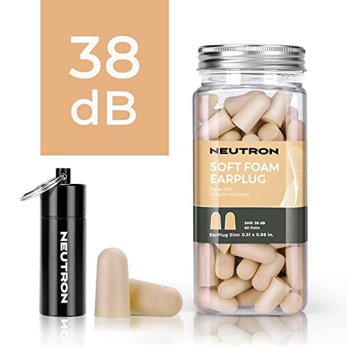 Neutron Soft Foam Ear Plugs with Travel Case - Noise Cancelling 38dB SNR - Earplugs for Sleeping, Travel, Concerts, Studying, Work, Loud Noise, Snoring - 60 Pairs - Beige — view 2