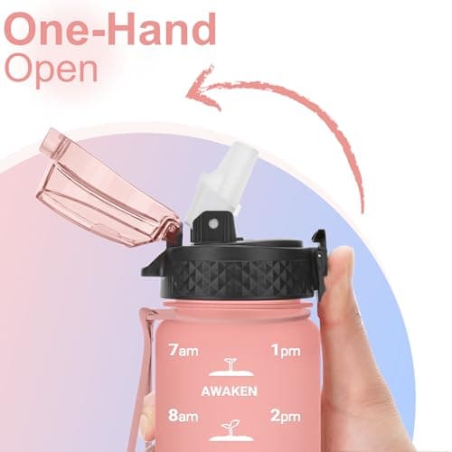 GOPPUS 500ml/17oz Kids Water Bottles with Straw Tritan Childrens Bottle with Flip Top Lid BPA Free Measured Drinks Bottle with Strap Sports Reusable Time Markings Leakproof (Pink Blue) — view 2