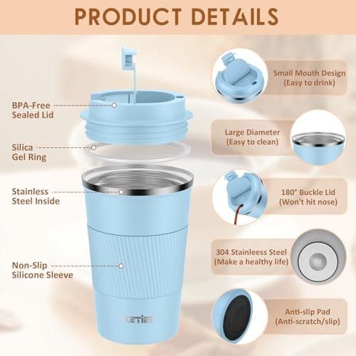KETIEE Travel Mug Insulated Coffee Cup 380ml with Leakproof Lid, Reusable Stainless Steel Mug, Double Walled Coffee Travel Mug, Coffee Mug for Hot Cold Drinks Sky Blue — view 2