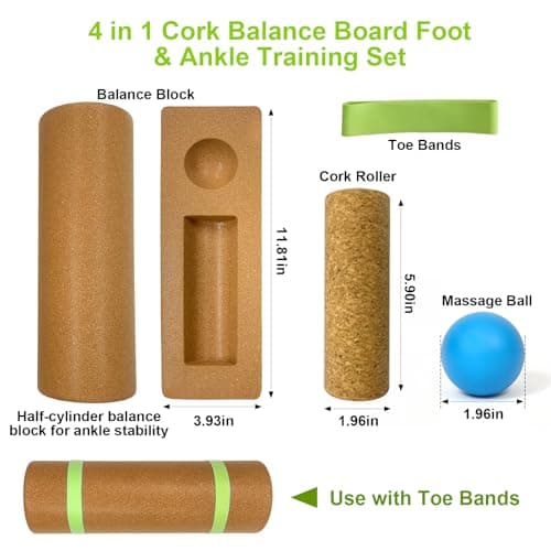 4-in-1 Cork Balance Board Set – Foot Strengthener & Ankle Stability Trainer with Roller, Massage Ball & Toe Bands – Fall Prevention Compact Wobble Board for Home Physio, Office & Seniors — view 2