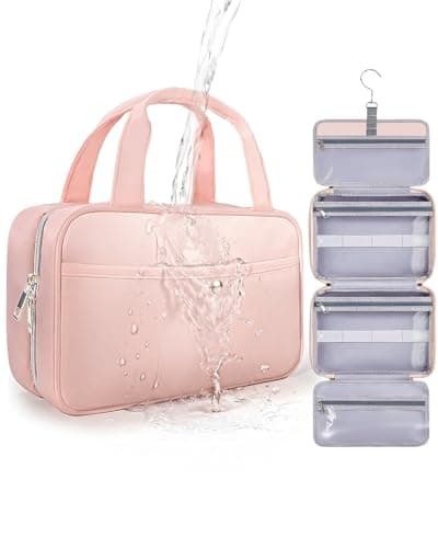 Chakipee Travel Hanging Toiletry Bag for Women - Foldable Toiletries Waterproof Organizer with Clear Window, Lightweight Wash Bags for Essentials, Makeup, Shampoo,Pink, Medium