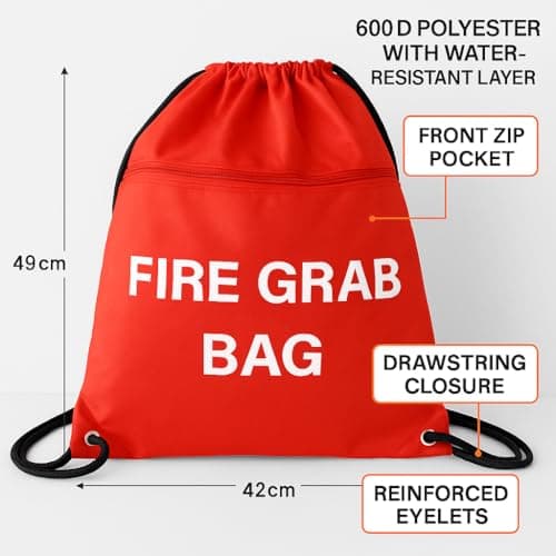 MediCounter Fire Grab Bag – Emergency Fire Evacuation Drawstring Bag (42x49cm) with Outer and Inner Zip Pockets & Info Tag – Water-Resistant -RED — view 4