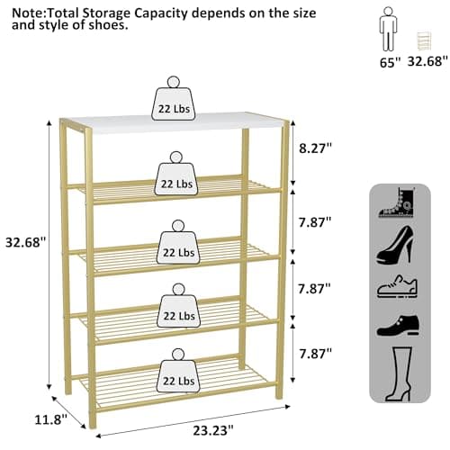 HOME BI 5-Tier Shoe Rack, Metal Shoe Storage Organizer, Modern Shoe Stand, Durable Shoe Shelf for Closet, Hallway, Entryway, Living Room,Gold — view 3