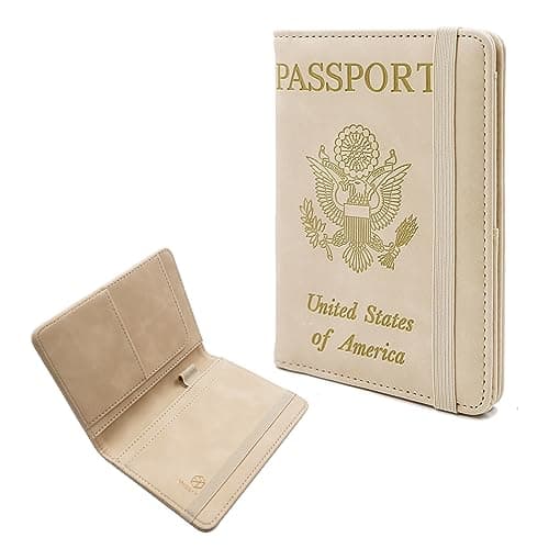 Melsbrinna Premium Leather Passport Holder Covers Case, Waterproof RFID Blocking Travel Wallet Passport Holder with Pen Holder, Cute Passport Book for Women/Men, ELA-Beige, 5.7 x 4.72 x 0.66 inches