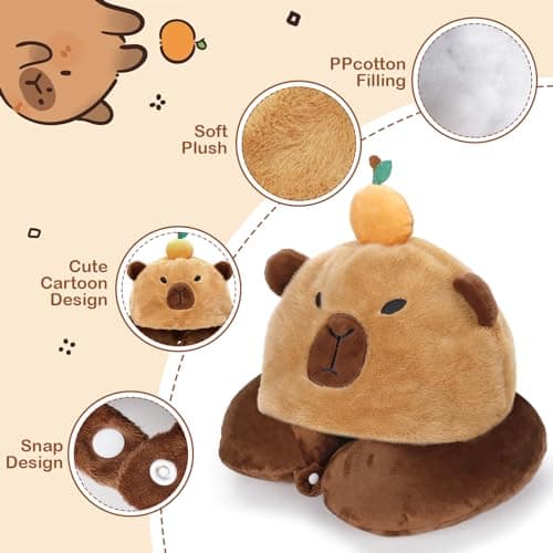 Capybara U-Shaped Travel Pillow with Hood - Plush Neck & Chin Support Headrest, Soft Animal Pillow for Airplane, Train, Car, Office Sleep — view 2