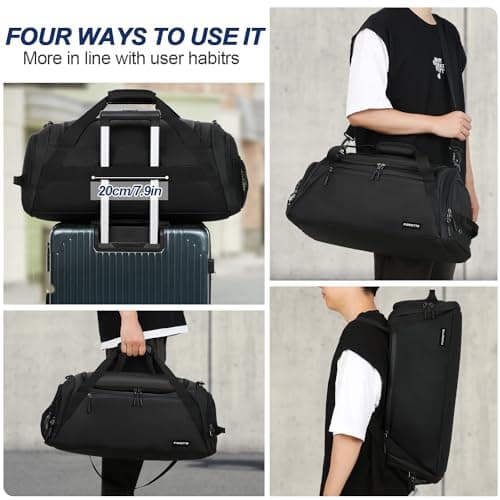 FIORETTO 43L Mens Sports Gym Bag with Wet Pocket & Shoe Compartment, Travel Duffle Bag Overnight Bag with Padded Shoulder Strap, Water-Resistant Holdall for Swimming, Basketball, Football Black — view 5