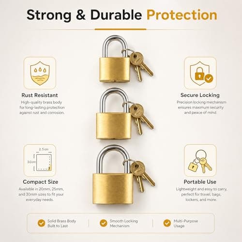 Pack of 6 Mini Brass Padlocks with Keys Small Keyed Locks Set Including 3 Sizes 25mm, 30mm & 40mm Each 2X | Durable Brass Locks for Luggage Diaries Cabinets — view 3
