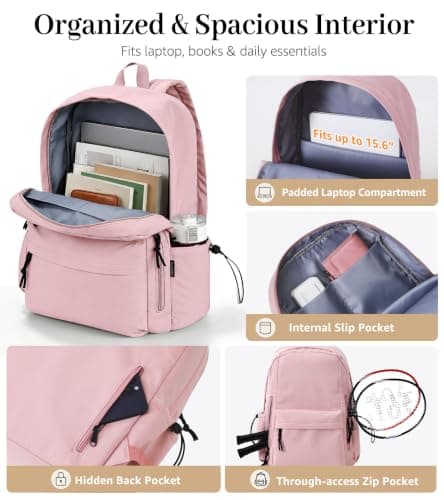 FIORETTO Backpack Womens School Bag Girls Boys, Lightweight Water-Resistant Fits 15.6” Laptop Large Capacity Rucksack with Rain Cover, Ideal for School College Commuting Travel Pink — view 2