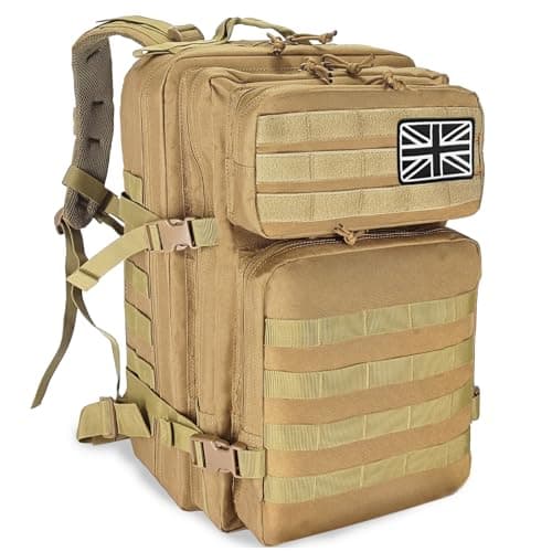HEMSO Military Tactical Backpack, 45L Outdoor Assault Survival Travel Backpack, Waterproof Backpack, Suitable for Hunting, Hiking & Camping and Other Outdoor Activities (Khaki)