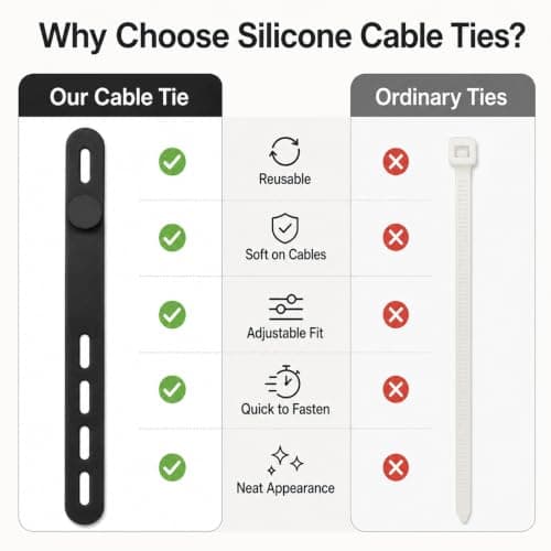 10Pack Silicone Cable Ties, Cord Organizer Wrap - [Reusable & Washable] Wire Ties Management with Lock Buckle, Elastic Adjustable Charger Cable Strap, Electrical Cord Keeper for Home Office — view 6