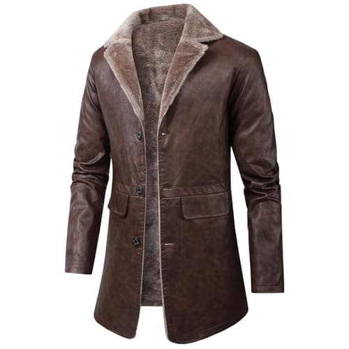 DASONLUE Men's Leather Jacket Winter Turn-Down Collar Fleece Jackets Plain Parka Jacket with Fleece Lined Slim Fit Winter Jackets Faux Leather Thermal Jacket with Buttons, brown, L