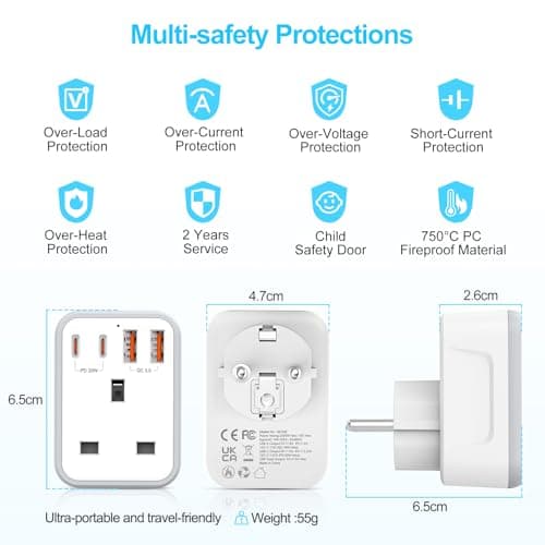 UK to European Travel Plug Adapter Fast Charge PD 20W USB-C QC 3.0 — view 4