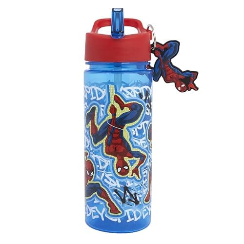 Polar Gear Spiderman Kids 500ml Water Bottle with Straw - Back to School Boys Water Bottle with Spiderman Keyring Charm, Blue & Red — view 3