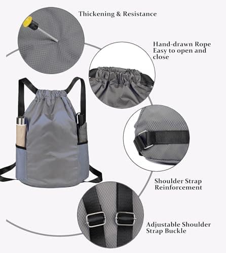 Toced Drawstring Bag, Unisex Large Sports Backpack String Drawstring PE Bags, Sport Gym Sack have Two Side Pockets, Travel Beach Swim School Bag with Waterproof (Grey) — view 3