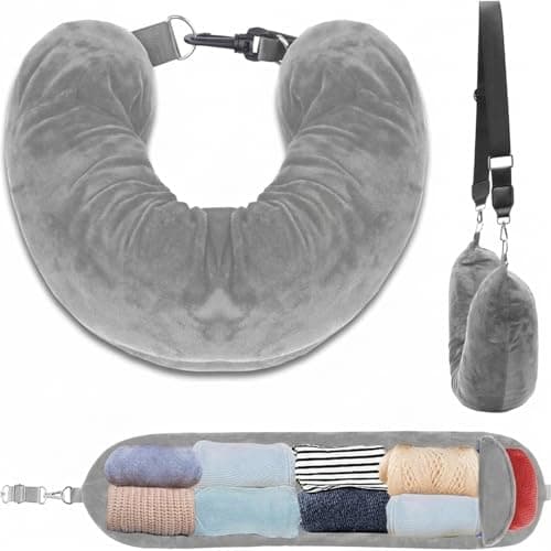 Tarqite Stuffable Neck Pillow for Travel, U-Shaped Travel Pillow Storage Bag with Adjustable Straps and Clothes Storage for Extra Luggage, Plush Material Travel Essentials (Grey)