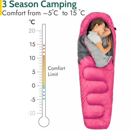 Trail Kids Sleeping Bag Mummy Shape 3 Season Camping 300gsm Boys Girls with Lightweight Rucksack Bag (Pink) — view 5