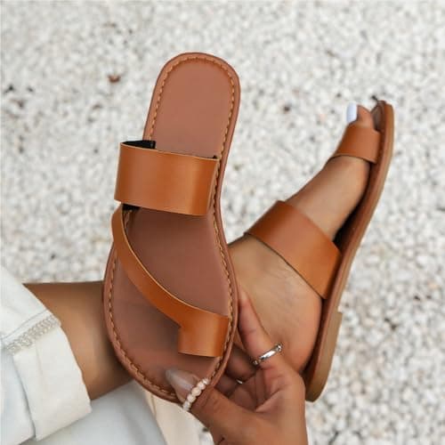 Flat Sandals for Women, Toe Loop Post Slip On Backless Ladies Mule Sandals, Summer PU Leather Beach Travel Daily Flip Flops, Valgus Bunion Foot Corrector(Brown,5 UK) — view 3