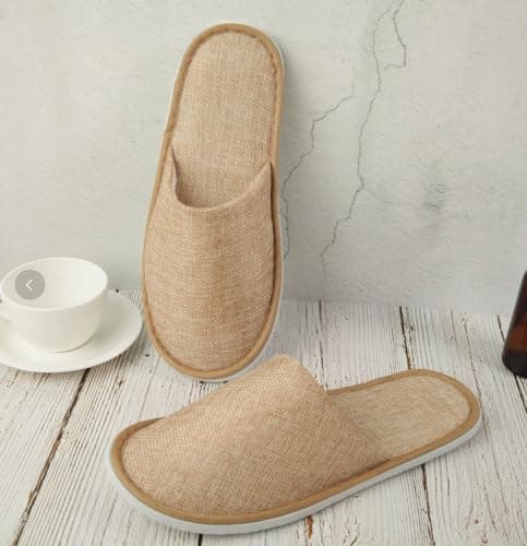 5 Pairs Linen Closed Toe Brown Spa Slippers Disposable Soft Hotel Guest Slippers Men and Women for Spa, Party Guest Visit, Hotel and Travel Non Slip Fits up to UK Men Size 8.5 and Women Size 9 (Brown) — view 5