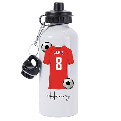 Pickhut Personalised Football 600ml White Aluminium Sports Water Bottle Back to School Gift for Kids, Customised with Name/Number/Text with Football Shirt Red Jersey Kit (D17)