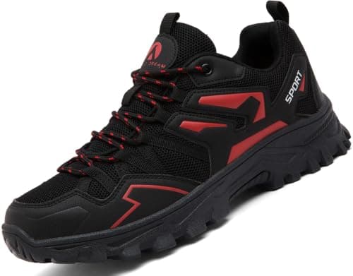 Mufanton Hiking Boots Mens Walking Boots Non-Slip Outdoor Mountain Trekking Shoes Lightweight Travelling Backpacking Camping Footwear Sneaker,Black red,EU44