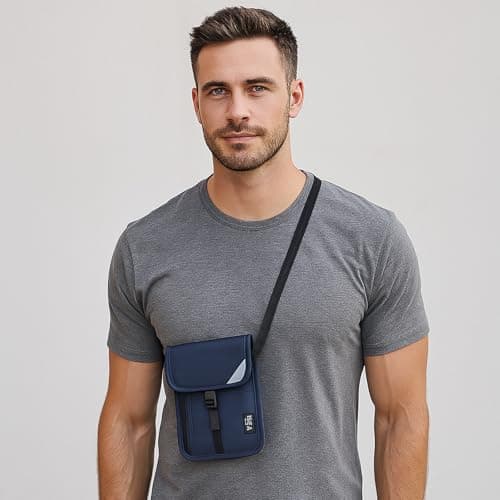 AYNKH Chest Pouch Waist Bag RFID Protection,Anti-magnetic ID Badge Holder,Waterproof,Security Bag with Adjustable Neck Strap for Cash,Cards,Passports,Business,Travel,School (3 Compartments Navy Blue) — view 2