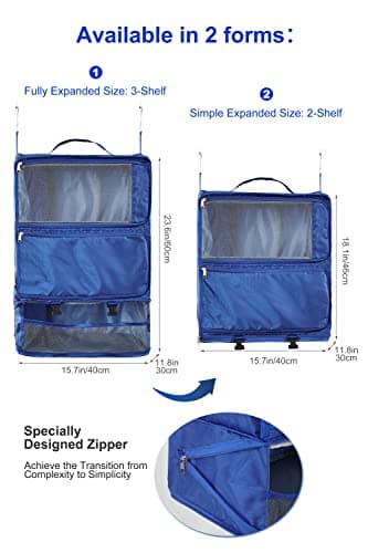 ELEZAY Hanging Packing Cubes Portable Closet 3-Shelf Travel Collapsible Compression Garment Organiser for Carry-on Luggage Suitcase Space Saver Bag XX-Large_No Side Pockets, Blue — view 4