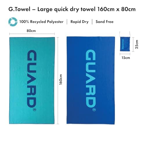 GUARD® G.TOWEL Extra thick 380gsm. Extra large sand free microfibre beach towel. 100% recycled polyester, quick dry, super absorbent. For surfing, swimming, beach, gym, camping, packs into small bag. — view 2
