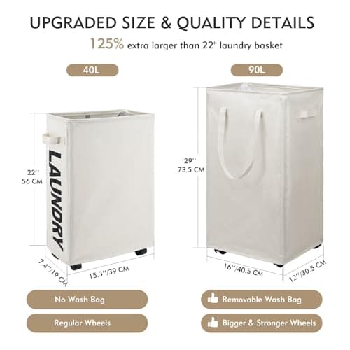 DOKEHOM 90L X-Large Rolling Laundry Basket Hamper on Wheels, Beige — view 3