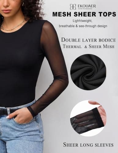 Ekouaer Women's Mesh Long Sleeve Tops Sheer Thermal Shirt Black S — view 4