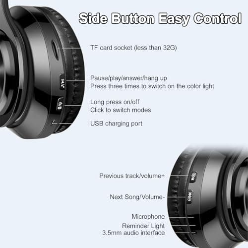 Bluetooth Headphones Over Ear,Wireless Headphones Over Ear, Foldable Wireless Lightweight Headset with Built-in HiFi Stereo Sound Noise Reduction Mic,FM, SD/TF for Online Class,Office, Phone, PC — view 5