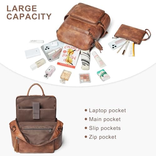 Shrrie Vegan Leather Backpack for Women Backpack Purse 15.6 inch Womens Laptop Backpack for College Travel Work-Two-toned Brown — view 3
