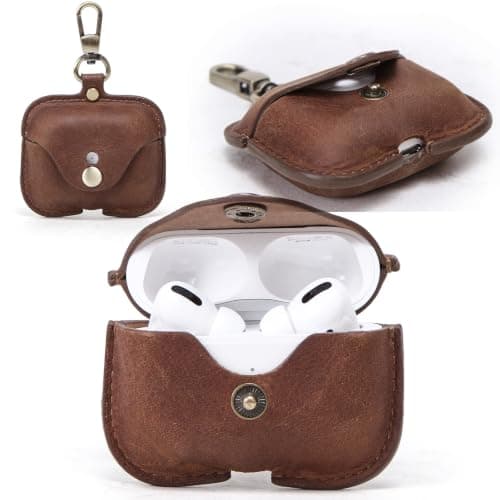 Handmade Genuine Top Grain Leather Case Compatible with AirPods Pro 2, Vintage Leather Earbuds Protective Cover with Keychain Hook, Support Wireless Charging, Brown