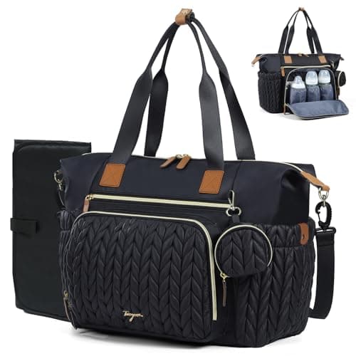 Tonyeee Baby Changing Bag Tote, Large Nappy Diaper Tote Bag for Mum Dad, Travel Baby Bag with Changing Mat, Pacifier Case, Insulated Bottle Pocket, Black