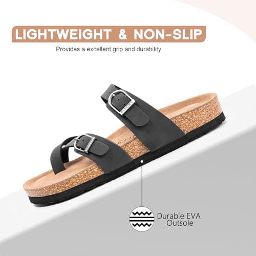 FITORY Women's Leather Sandals Comfort Cork Footbed Matte Black Size 6 — view 5