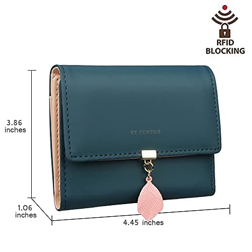 FT FUNTOR PU Leather Wallet for Women RFID-Blocking, Ladies Bifold Leaf Pendant Coin Zipper Small Purse with 5 Card Slots and 1 ID Window Card Holder Organizer(S-Teal Blue) — view 5