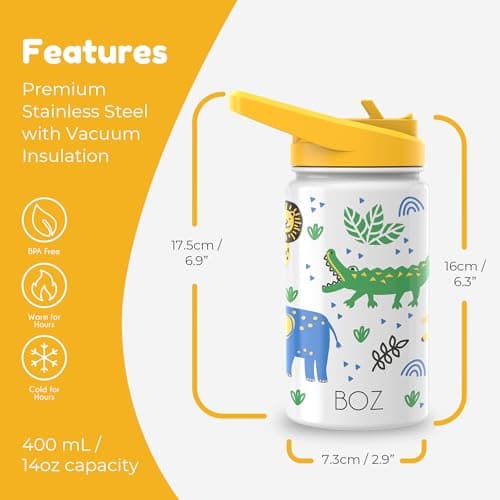 BOZ Kids Insulated Water Bottle with Straw Lid, 14oz (414ml) (Safari) — view 2