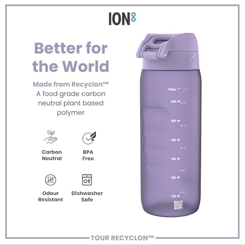 ION8 Sports Water Bottle, 750 ml/24 oz, Leak Proof, Easy to Open, Secure Lock, Dishwasher Safe, BPA Free, Flip Cover, Carry Handle, Soft Touch Contoured Grip, Easy Clean, Odour Free, Light Purple — view 5